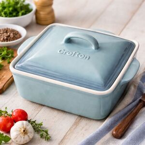 Crofton Heavy Stoneware Covered Casserole Dish, Blue Square Baker with Lid